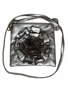Silver Metallic 3D Rosette Crossbody Bag Adjustable Strap 7x7 Boho Chic